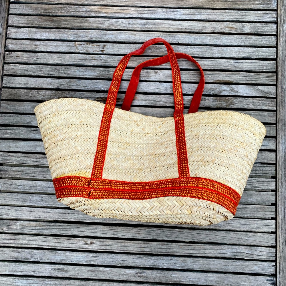 Natural Raffia tote bag - Orange handle